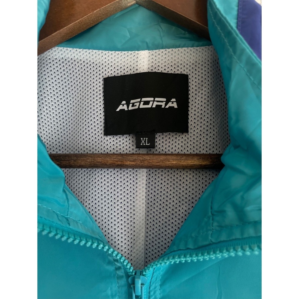 Agora Colorblock Windbreaker Jacket Teal Pink Blue Retro 90s Style XL Mesh Lined - Picture 3 of 11